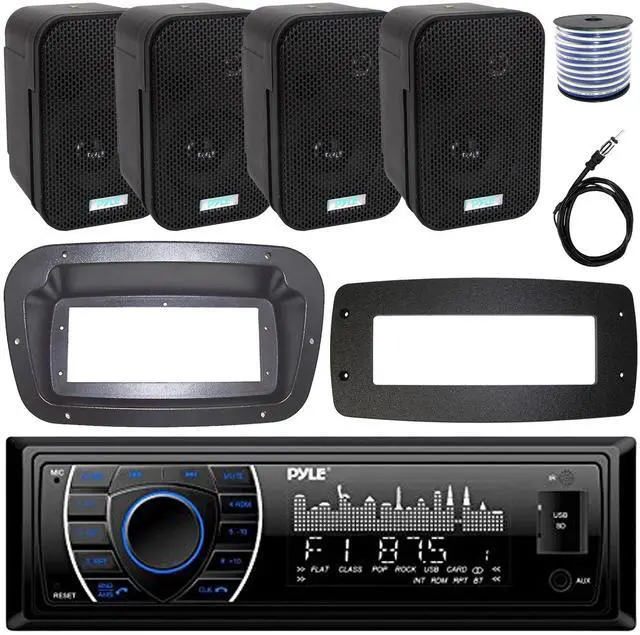 Main image of Pyle PLRMR27BTB Single-DIN Marine Bluetooth USB/AUX MP3 AM/FM Radio Stereo Receiver W/Install Kit + Adapter Plate, 4x 3.5" 300W Max Power Indoor/Outdoor Black Speakers W/50 Feet Wire, Radio Antenna