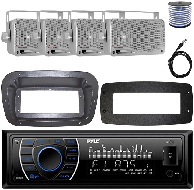 Main image of Pyle PLRMR27BTB Single-DIN Marine Bluetooth USB/AUX MP3 AM/FM Radio Stereo Receiver W/Install Kit + Adapter Plate, 4x 3.5'' 200W Max Power 3-Way Mini Box Silver Speakers W/50 Feet Wire, Radio Antenna