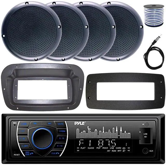 Main image of Pyle PLRMR27BTB Single-DIN Marine Bluetooth USB/AUX MP3 AM/FM Radio Stereo Receiver W/Install Kit + Adapter Plate, 4x 5.25" 20W RMS Power Polycone Audio Black Boat Speakers W/50 Feet Wire, 22" Antenna