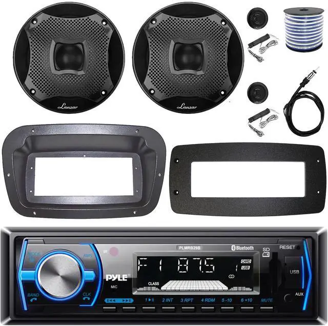 Main image of Pyle PLMRB29B Single-DIN Marine Bluetooth USB/AUX MP3 AM/FM In-Dash Stereo Black Receiver W/Install Kit + Adapter Plate, 2x 6.5" 450W Max Power 2-Way Component Black Speakers W/50 Feet Wire, Antenna