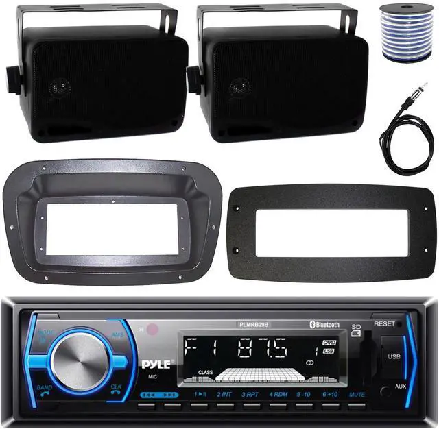 Main image of Pyle PLMRB29B Single-DIN Marine Bluetooth USB/AUX MP3 AM/FM In-Dash Stereo Black Receiver W/Install Kit + Adapter Plate, 2x 3.5'' 200W Max Power 3-Way Indoor/Outdoor Speakers W/50 Feet Wire, Antenna