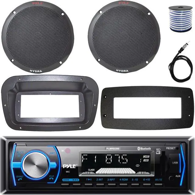Main image of Pyle PLMRB29B Single-DIN Marine Bluetooth USB/AUX MP3 AM/FM In-Dash Stereo Black Receiver W/Install Kit + Adapter Plate, 2x 6.5'' 400W Max Power Dual Cone 2-Way Full Range Speakers W/Wire, Antenna