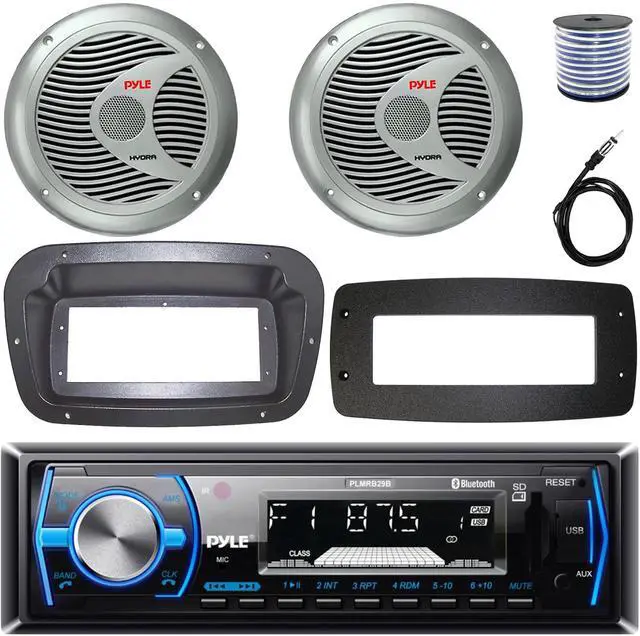 Main image of Pyle PLMRB29B Single-DIN Marine Bluetooth USB/AUX MP3 AM/FM In-Dash Stereo Black Receiver W/Install Kit + Adapter Plate, 2x 6.5'' 150W Max Power 2 Way Boat Silver Speakers W/50 Feet Wire, 22" Antenna