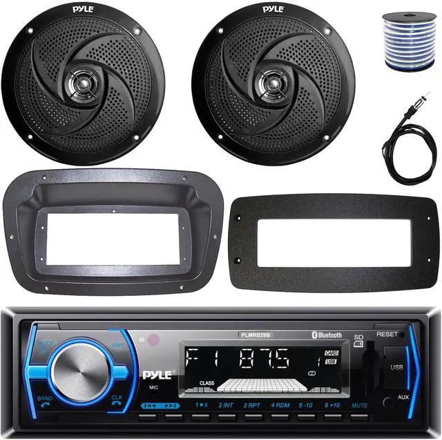 Main image of Pyle PLMRB29B Single-DIN Marine Bluetooth USB/AUX MP3 AM/FM In-Dash Stereo Black Receiver W/Install Kit + Adapter Plate, 2x 8'' 320W Max Power Low Profile 2-Way Boat Black Speakers W/Wire, Antenna