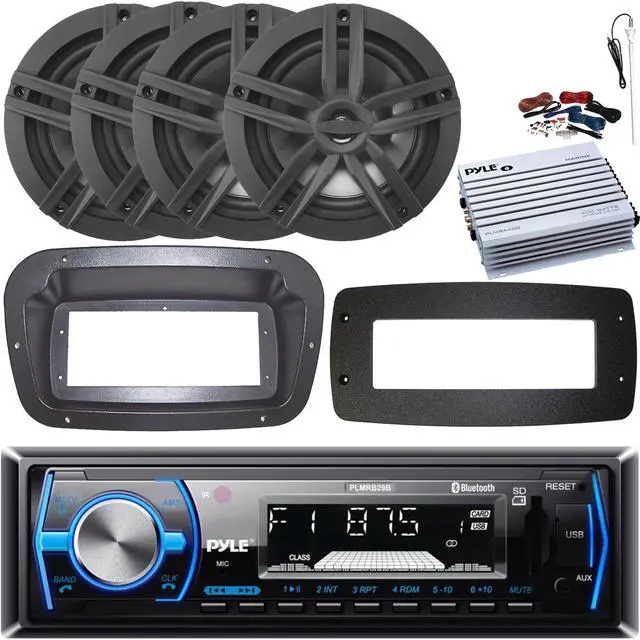 Main image of Pyle PLMRB29B Single-DIN Marine Bluetooth USB/AUX MP3 AM/FM In-Dash Stereo Black Receiver W/Install Kit + Adapter Plate, 4x 6.5" 180W Max Power 2-Way Boat Speakers, 4 Channel Amplifier W/Kit, Antenna