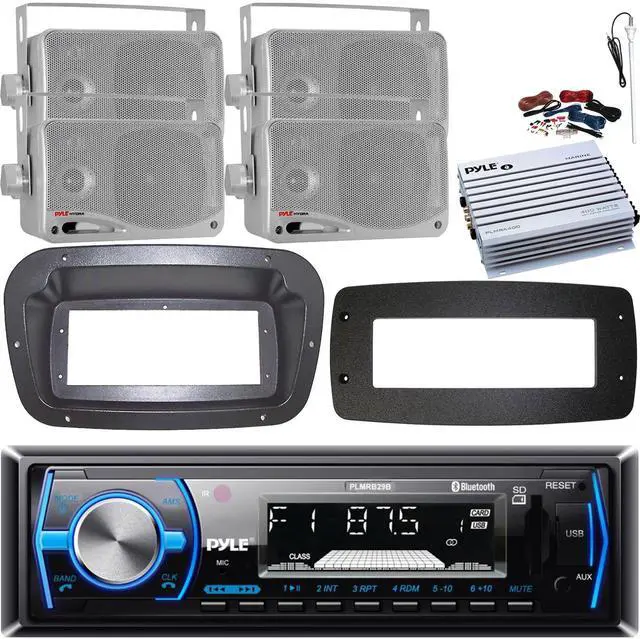 Main image of Pyle PLMRB29B Single-DIN Marine Bluetooth USB/AUX MP3 AM/FM In-Dash Stereo Black Receiver W/Install Kit + Adapter Plate, 4x 3.5'' 200W Max 3-Way Mini Box Speakers, 4 Channel Amplifier W/Kit, Antenna