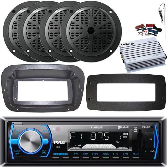 Main image of Pyle PLMRB29B Single-DIN Marine Bluetooth USB/AUX MP3 AM/FM In-Dash Stereo Black Receiver W/Install Kit + Adapter Plate, 4x 6.5'' 120W Max Power Dual Cone Speakers, 4 Channel Amplifier W/Kit, Antenna