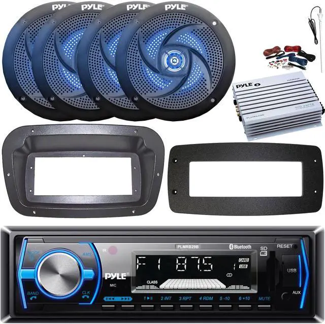 Main image of Pyle PLMRB29B Single-DIN Marine Bluetooth USB/AUX MP3 AM/FM In-Dash Stereo Black Receiver W/Install Kit + Adapter Plate, 4x 4" 100W Max 2-Way Blue LED Boat Speakers, 4 Channel Amplifier W/Kit, Antenna