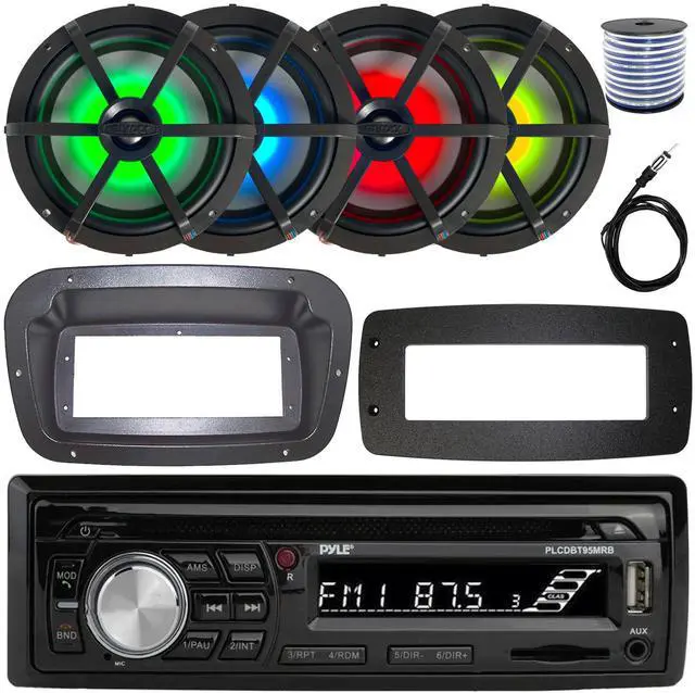 Main image of Pyle PLCDBT95 Single-DIN Bluetooth Marine AUX/USB CD Player/MP3 AM/FM In-Dash Stereo Receiver W/Install Kit + Adapter Plate, 4x Enrock 6.5" 120W Max Power RGB LED Coaxial Boat Speakers W/Wire, Antenna
