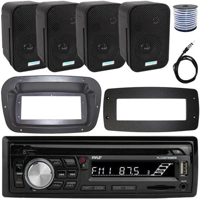Main image of Pyle PLCDBT95 Single-DIN Bluetooth Marine AUX/USB CD Player/MP3 AM/FM In-Dash Stereo Receiver W/Install Kit + Adapter Plate, 4x 3.5" 300W Max Power Indoor/Outdoor Black Speakers W/50FT. Wire, Antenna