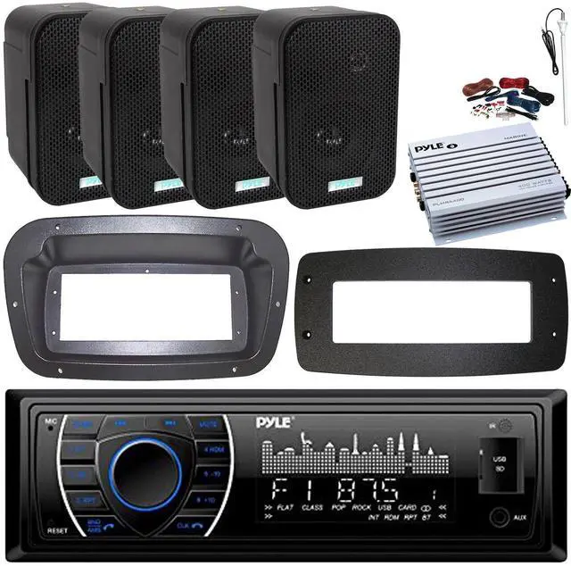 Main image of Pyle PLRMR27BTB Single-DIN Marine Bluetooth USB/AUX MP3 AM/FM Radio Stereo Receiver W/Install Kit + Adapter Plate, 4x 3.5" 300W Max Power Indoor/Outdoor Speakers, 4 Channel Amplifier W/Kit, Antenna