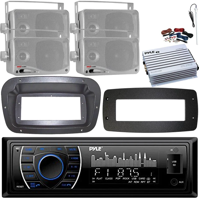 Main image of Pyle PLRMR27BTB Single-DIN Marine Bluetooth USB/AUX MP3 AM/FM Radio Stereo Receiver W/Install Kit + Adapter Plate, 4x 3.5'' 200W Max Power 3-Way Mini Box Speakers, 4 Channel Amplifier W/Kit, Antenna