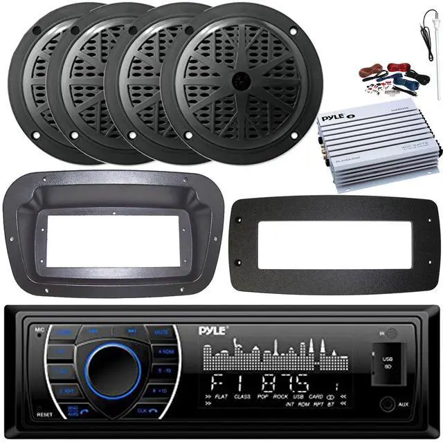 Main image of Pyle PLRMR27BTB Single-DIN Marine Bluetooth USB/AUX MP3 AM/FM Radio Stereo Receiver W/Install Kit + Adapter Plate, 4x 6.5'' 120W Max Power Dual Cone Black Speakers, 4 Channel Amplifier W/Kit, Antenna
