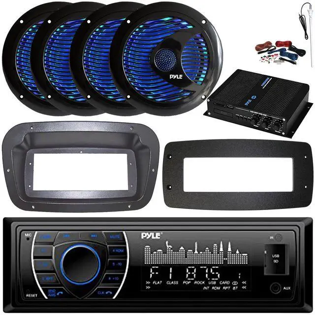 Main image of Pyle PLRMR27BTB Single-DIN Marine Bluetooth USB/AUX MP3 AM/FM Radio Stereo Receiver W/Install Kit + Adapter Plate, 4x 6.5'' 150W Max Power RGB LED Boat Speakers, 4-Channel Amplifier W/Kit, Antenna