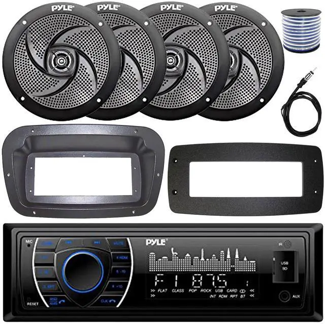 Main image of Pyle PLRMR27BTB Single-DIN Marine Bluetooth USB/AUX MP3 AM/FM Radio Stereo Receiver W/Install Kit + Adapter Plate, 4x 5.25" 180W Max Power 2-Way Low Profile Black Speakers W/50 Feet Wire, 22" Antenna