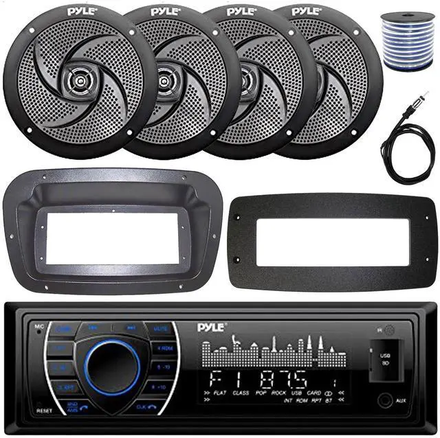 Main image of Pyle PLRMR27BTB Single-DIN Marine Bluetooth USB/AUX MP3 AM/FM Radio Stereo Receiver W/Install Kit + Adapter Plate, 4x 6'' 240W Max Power Low Profile 2-Way Black Speakers W/50 Feet Wire, Radio Antenna