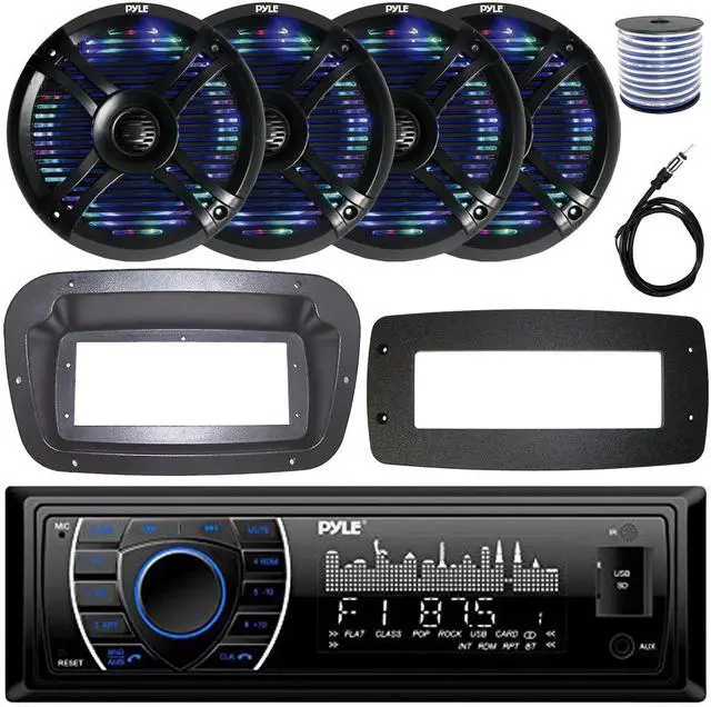 Main image of Pyle PLRMR27BTB Single-DIN Marine Bluetooth USB/AUX MP3 AM/FM Radio Stereo Receiver W/Install Kit + Adapter Plate, 4x 6.5" 250W Max Power Waterproof Boat RGB LED Black Speakers W/50 Feet Wire, Antenna