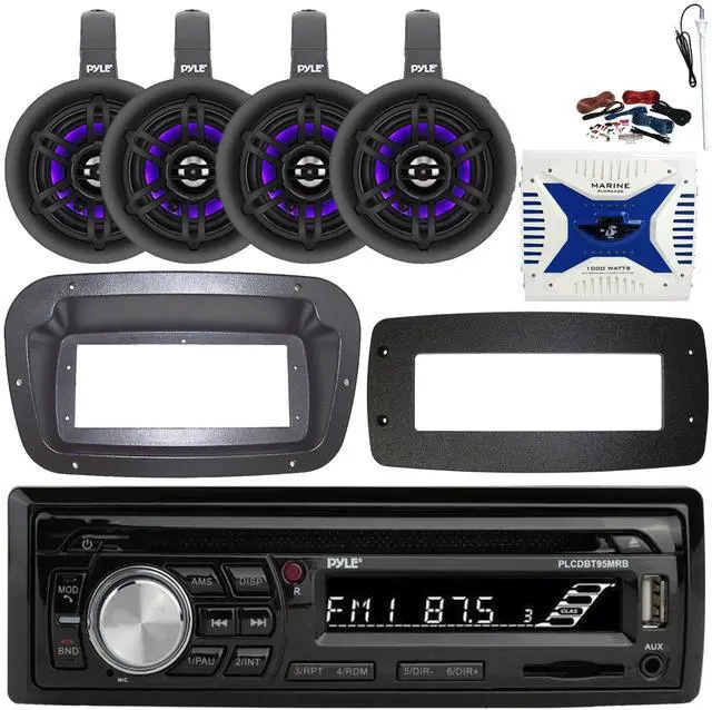 Main image of Pyle PLCDBT95 Single-DIN Bluetooth Marine AUX/USB CD Player/MP3 AM/FM In-Dash Stereo Receiver W/Install Kit + Adapter Plate, 4x 4" 300W Max Power Wakeboard LED Tower Speakers, Amplifier W/Kit, Antenna