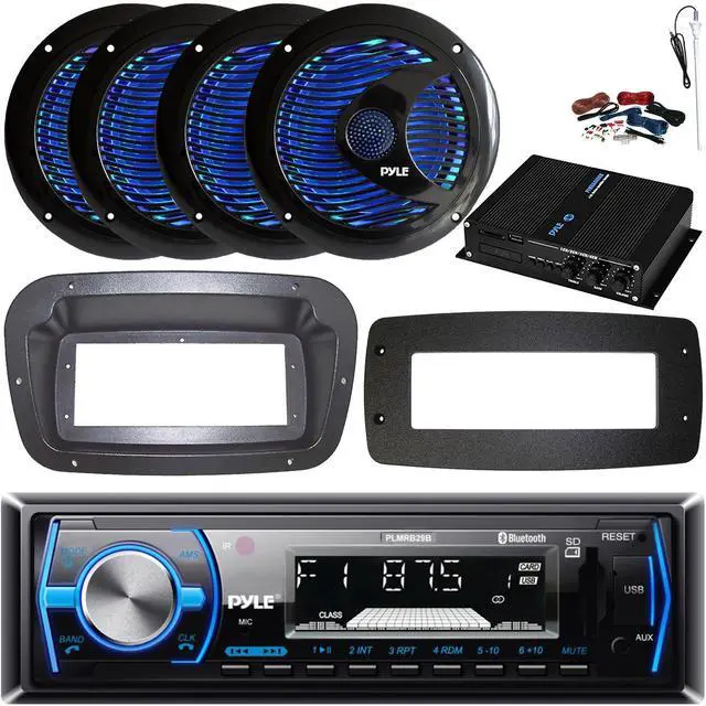 Main image of Pyle PLMRB29B Single-DIN Marine Bluetooth USB/AUX MP3 AM/FM In-Dash Stereo Black Receiver W/Install Kit + Adapter Plate, 4x 6.5'' 150W Max Power RGB LED Speakers, 4-Channel Amplifier W/Kit, Antenna