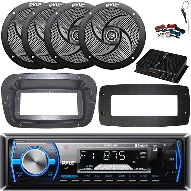 Main image of Pyle PLMRB29B Single-DIN Marine Bluetooth USB/AUX MP3 AM/FM In-Dash Stereo Black Receiver W/Install Kit + Adapter Plate, 4x 6'' 240W Max Power Low Profile Speakers, 4 Channel Amplifier W/Kit, Antenna