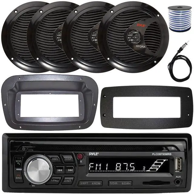 Main image of Pyle PLCDBT95 Single-DIN Bluetooth Marine AUX/USB CD Player/MP3 AM/FM In-Dash Stereo Receiver W/Install Kit + Adapter Plate, 4x 6.5" 150W Max Power Full Range Dual Cone Boat Speakers W/Wire, Antenna