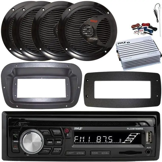 Main image of Pyle PLCDBT95 Single-DIN Bluetooth Marine AUX/USB CD Player/MP3 AM/FM In-Dash Stereo Receiver W/Install Kit + Adapter Plate, 4x 6.5" 150W Max Dual Cone Speakers, 4 Channel Amplifier W/Kit, Antenna