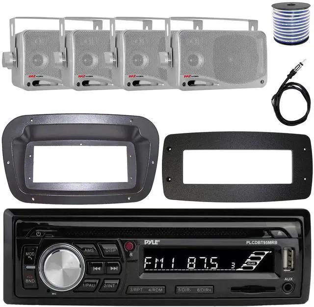 Main image of Pyle PLCDBT95 Single-DIN Bluetooth Marine AUX/USB CD Player/MP3 AM/FM In-Dash Stereo Receiver W/Install Kit + Adapter Plate, 4x 3.5'' 200W Max Power 3-Way Mini Box Silver Speakers W/Wire, 22" Antenna
