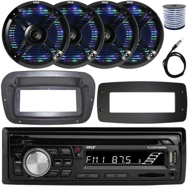 Main image of Pyle PLCDBT95 Single-DIN Bluetooth Marine AUX/USB CD Player/MP3 AM/FM In-Dash Stereo Receiver W/Install Kit + Adapter Plate, 4x 6.5" 250W Max Power Waterproof Boat RGB LED Speakers W/Wire, Antenna