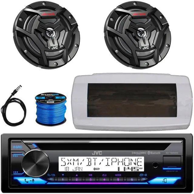 Main image of JVC KD-T92MBS Single-DIN Marine Bluetooth USB/AUX CD Player AM/FM Stereo Receiver W/White Cover, 2x 6.5" 150W Max Power 2-Way Coaxial Black Boat Speakers W/50 Feet 16G Speaker Wire, 22" Radio Antenna