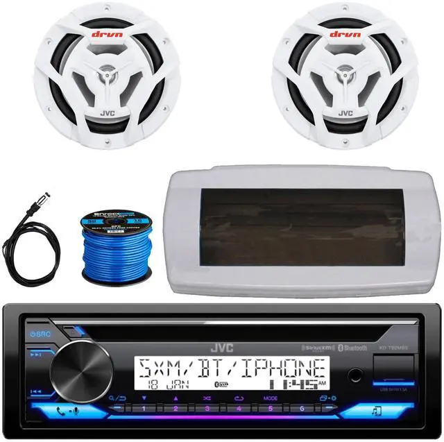 Main image of JVC KD-T92MBS Single-DIN Marine Bluetooth USB/AUX CD Player AM/FM Stereo Receiver W/White Cover, 2x 6.5" 150W Max Power 2-Way Coaxial White Boat Speakers, 50 Feet 16G Speaker Wire, 22" Radio Antenna