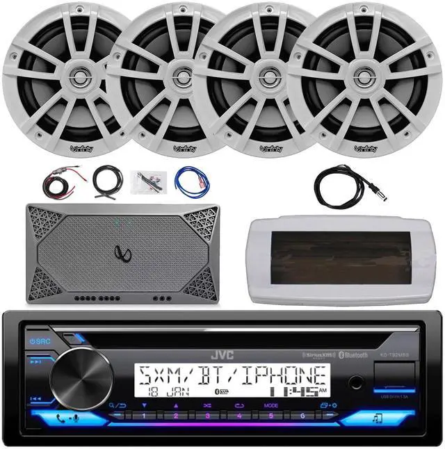 Main image of JVC KD-T92MBS Single-DIN Marine Bluetooth USB/AUX CD Player AM/FM Stereo Receiver W/White Cover, 4x 6.5" 225W Max Power High-Performance 2-Way Boat Speakers, 4-Channel Compact Amplifier W/Kit, Antenna