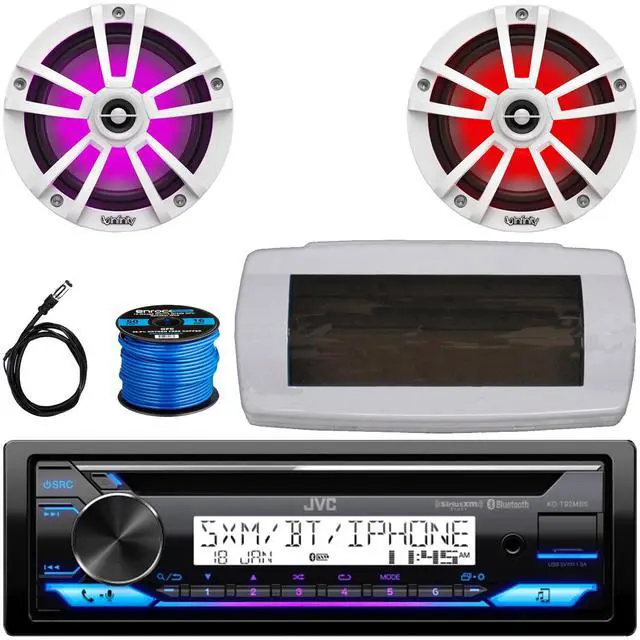 Main image of JVC KD-T92MBS Single-DIN Marine Bluetooth USB/AUX CD Player AM/FM Stereo Receiver W/White Cover, 2x 6.5" 225W Max Power Waterproof Coaxial RGB LED Boat White Speakers W/50 Feet 16 Gauge Wire, Antenna