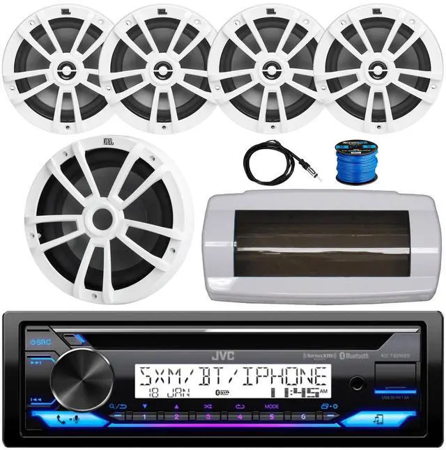 Main image of JVC KD-T92MBS Single-DIN Marine Bluetooth USB/AUX CD Player AM/FM Stereo Receiver W/White Cover, 4x 6.5" 180W Max Power 2-Way Boat White Speakers W/Wire, 10" 600W Max Power Subwoofer, 22" Antenna