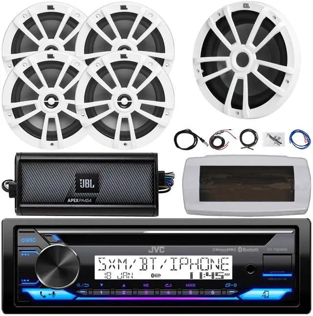 Main image of JVC KD-T92MBS Single-DIN Marine Bluetooth USB/AUX CD Player AM/FM Stereo Receiver W/White Cover, 4x 6.5" 180W Max Power 2-Way White Speakers, 10" Subwoofer, 4-Channel Class D Amplifier W/Kit, Antenna