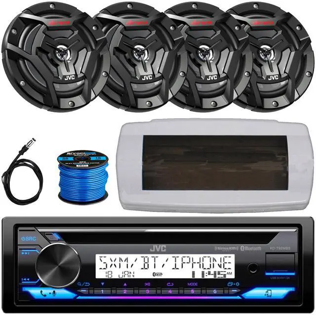 Main image of JVC KD-T92MBS Single-DIN Marine Bluetooth USB/AUX CD Player AM/FM Stereo Receiver W/White Cover, 4x 6.5" 150W Max Power 2-Way Coaxial Black Boat Speakers W/50 Feet 16G Speaker Wire, 22" Radio Antenna