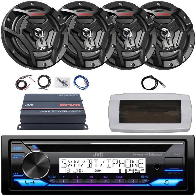 Main image of JVC KD-T92MBS Single-DIN Marine Bluetooth USB/AUX CD Player AM/FM Stereo Receiver W/White Cover, 4x 6.5" 150W Max Power 2-Way Coaxial Black Boat Speakers, 4-Channel Compact Amplifier W/Kit, Antenna