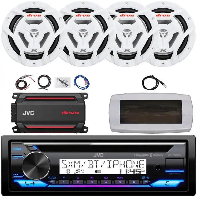 Main image of JVC KD-T92MBS Single-DIN Marine Bluetooth USB/AUX CD Player AM/FM Stereo Receiver W/White Cover, 4x 6.5" 150W Max Power 2-Way Coaxial White Boat Speakers, 4-Channel Compact Amplifier W/Kit, Antenna