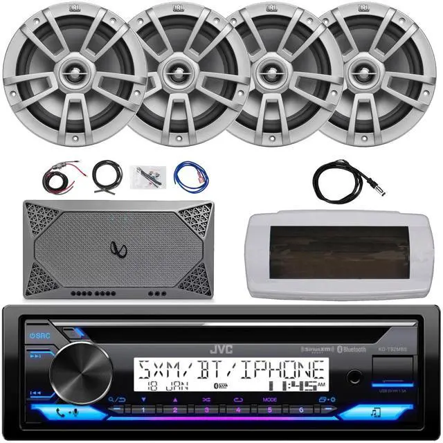 Main image of JVC KD-T92MBS Single-DIN Marine Bluetooth USB/AUX CD Player AM/FM Stereo Receiver W/White Cover, 4x 8" 375W Max Power High-Performance Boat Gray Speakers, 4-Channel Compact Amplifier W/Kit, Antenna