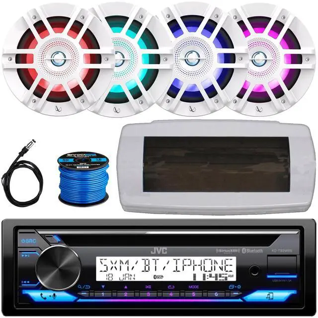 Main image of JVC KD-T92MBS Single-DIN Marine Bluetooth USB/AUX CD Player AM/FM Stereo Receiver W/White Cover, 4x 6.5" 300W Max 2-Way Coaxial White Boat RGB LED Speakers, 50 Feet 16 Gauge Speaker Wire, 22" Antenna