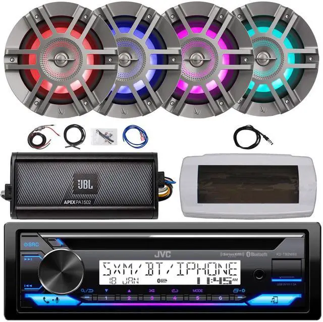 Alt view image 2 of 7 - JVC KD-T92MBS Single-DIN Marine Bluetooth USB/AUX CD Player AM/FM Stereo Receiver W/White Cover, 2x JBL 6.5" 180W Max Power Dual Cone Coaxial White Boat Speakers, 50 Feet 16G Speaker Wire, 22" Antenna