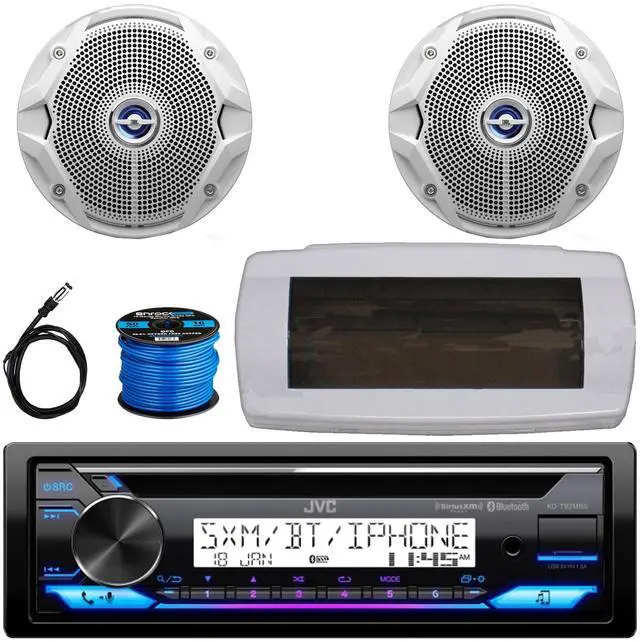Main image of JVC KD-T92MBS Single-DIN Marine Bluetooth USB/AUX CD Player AM/FM Stereo Receiver W/White Cover, 2x JBL 6.5" 180W Max Power Dual Cone Coaxial White Boat Speakers, 50 Feet 16G Speaker Wire, 22" Antenna