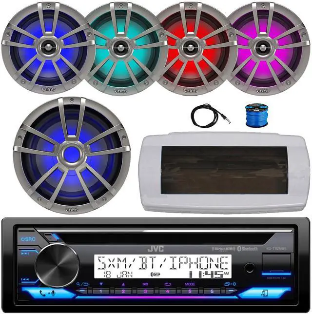 Main image of JVC KD-T92MBS Single-DIN Marine Bluetooth USB/AUX CD Player AM/FM Stereo Receiver W/White Cover, 4x 6.5" 225W Max Power RGB LED Titanium Speakers W/Wire, 10" Multi-Element RGB LED Subwoofer, Antenna