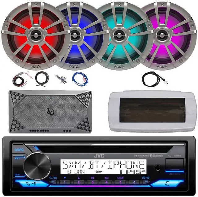 Main image of JVC KD-T92MBS Single-DIN Marine Bluetooth USB/AUX CD Player AM/FM Stereo Receiver W/White Cover, 4x 6.5" 225W Max Power Waterproof RGB LED Boat Titanium Speakers, 4-Channel Amplifier W/Kit, Antenna