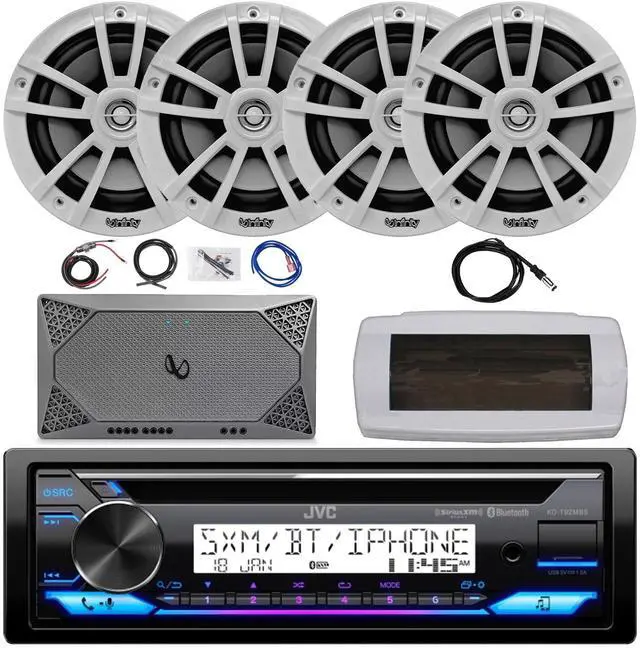 Main image of JVC KD-T92MBS Single-DIN Marine Bluetooth USB/AUX CD Player AM/FM Stereo Receiver W/White Cover, 4x 6.5" 225W Max Power High-Performance 2-Way White Boat Speakers, 4 Channel Amplifier W/Kit, Antenna