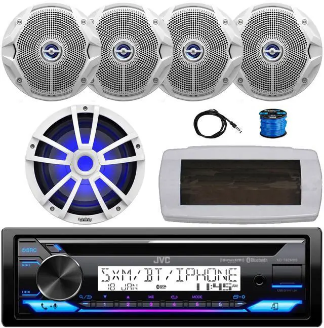 Main image of JVC KD-T92MBS Single-DIN Marine Bluetooth USB/AUX CD Player AM/FM Stereo Receiver W/White Cover, 4x 6.5" 180W Max Power Dual Cone White Boat Speakers W/Wire, 10" Multi-Element Subwoofer, 22" Antenna