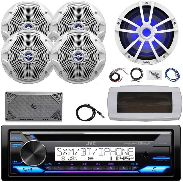 Main image of JVC KD-T92MBS Single-DIN Marine Bluetooth USB/AUX CD Player AM/FM Stereo Receiver W/White Cover, 4x 6.5" 180W Max Power Dual Cone White Boat Speakers, 10" Subwoofer, 4-Channel Amplifier W/Kit, Antenna