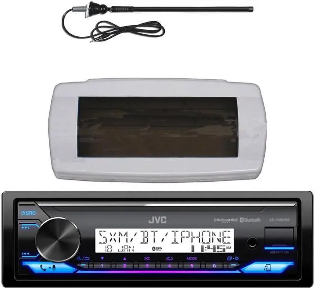 Main image of JVC KD-X38MBS Single-DIN Marine Bluetooth USB/AUX LED AM/FM SiriusXM Ready Stereo Receiver W/White Boat Stereo Splash Cover Bundle Combo With Black Flexible Rubber Mast Long Range Radio Antenna