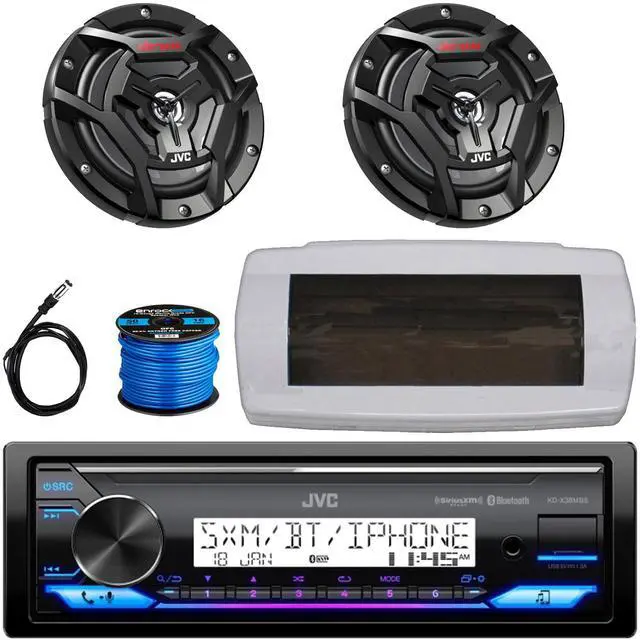 Main image of JVC KD-X38MBS Single-DIN Marine Bluetooth USB/AUX LED AM/FM SiriusXM Ready Stereo Receiver W/White Cover, 2x 6.5" 150W Max Power 2-Way Coaxial Black Boat Speakers W/50 Feet 16G Wire, 22" Radio Antenna