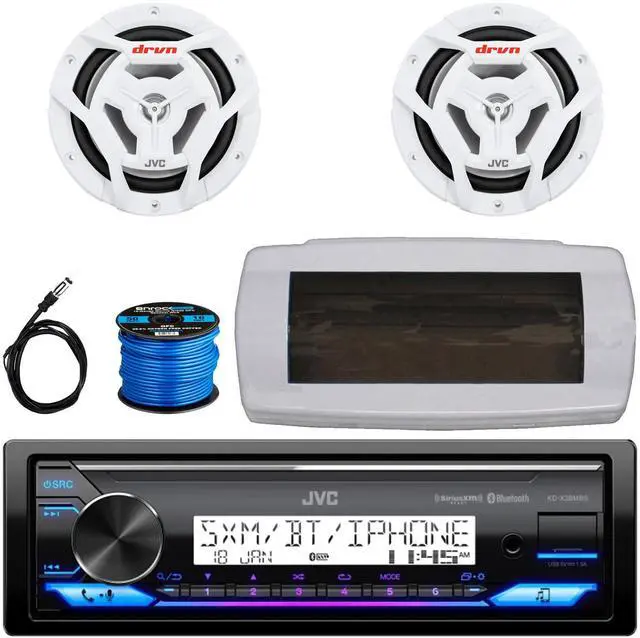 Main image of JVC KD-X38MBS Single-DIN Marine Bluetooth USB/AUX LED AM/FM SiriusXM Ready Stereo Receiver W/White Cover, 2x 6.5" 150W Max Power 2-Way Coaxial White Boat Speakers, 50 Feet Speaker Wire, 22" Antenna