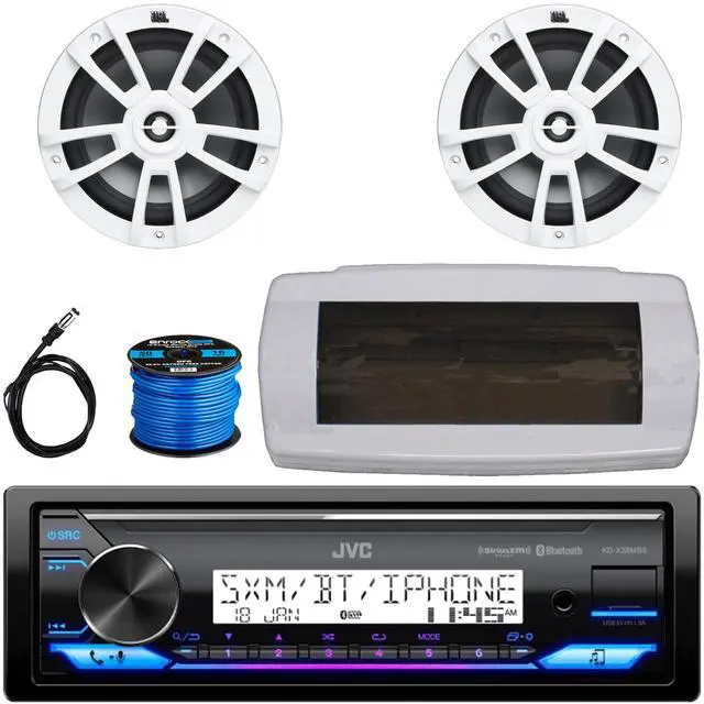 Main image of JVC KD-X38MBS Single-DIN Marine Bluetooth USB/AUX LED AM/FM SiriusXM Ready Stereo Receiver W/White Cover, 2x 8" 375W Max Power High-Performance Boat White Speakers, 50 Feet Speaker Wire, 22" Antenna
